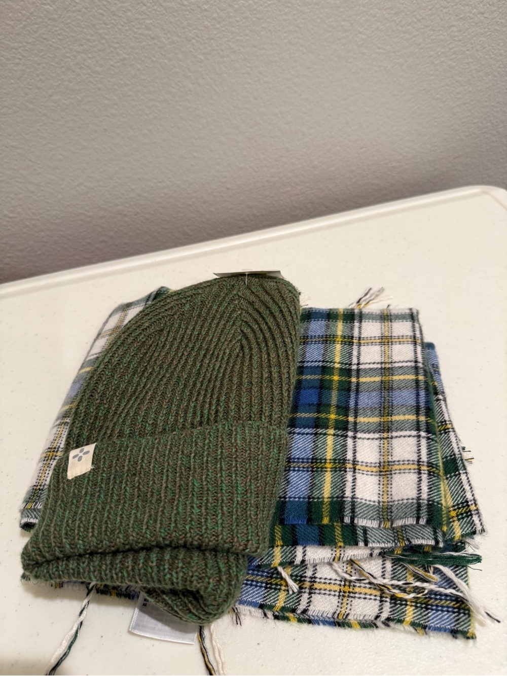 New Sun + Stone Olive Green Knit Beanie with Blue, White & Green Plaid Scarf